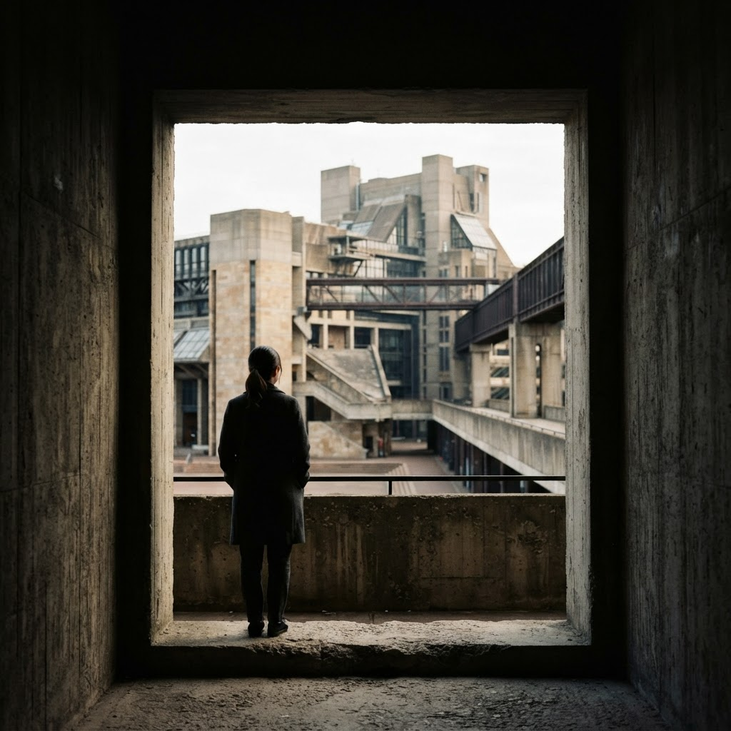 Person observing a large architectural structure through a concrete frame